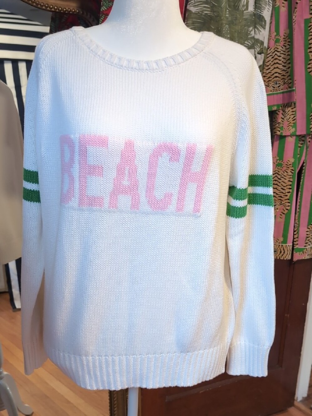 White 'Beach' Knit Sweater with Pink Logo and Green Sleeve Stripes